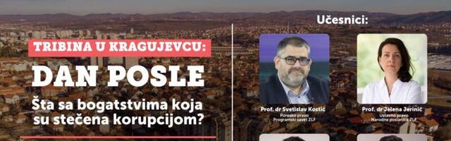 Zeleno-levi front i Nova snaga Kragujevca organizuju tribinu „Dan posle: Šta sa bogatstvima koja su stečena korupcijom?“