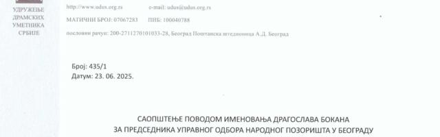 UDUS: Bokan problematično rešenje za UO Narodnog pozorišta