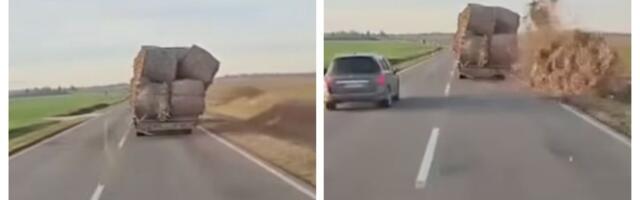 Veliki teret pao sa prikolice kamiona, umalo da izazove tragediju! Snimljen jeziv incident na putu kod Inđije
