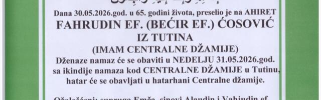 Dženaza rah. Fahrudin ef. danas (nedelja) s ikindije