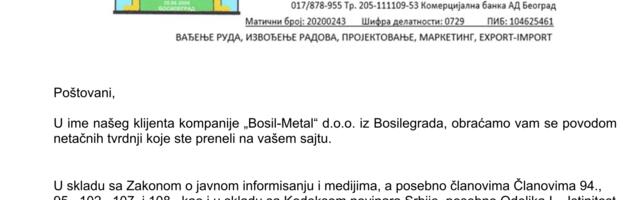 Odgovor Bosil-metala na tekst „Protesti protiv bosilegradskog rudnika: Za spas reke i zdravlja građana"