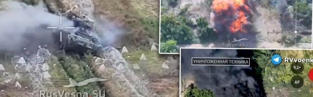 (VIDEO) Spržena NATO vozila i tehnika, Rusi tuku bez milosti! Iz zasede udarili po koloni, vojnici u panici beže, sve gori oko njih