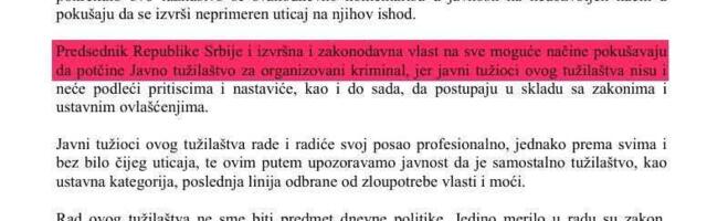 Iz Javnog tužilaštva za organizovani kriminal se žale na pritiske koji su, kažu, počeli odmah posle prvih hapšenja za pad nadstrešnice