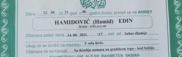 Sjenica – Dženaza namaz za šehida Hamidovića u 17:00h kod Sebilja