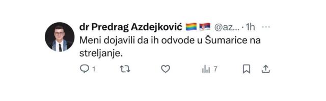 Vode ih u Šumarice na streljanje – poručio član UO RTS-a Predrag Azdejković na vest da taksistima koji iz KG-a voze studente, skidaju tablice