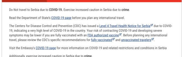 SAD preporučile Amerikancima da ne putuju u Srbiju i još osam zemalja zbog Kovida