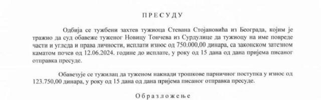 Sud odbio tužbu direktora fudbalske reprezentacije protiv Tončeva koji najavljuje da će novac donirati u humanitarne svrhe