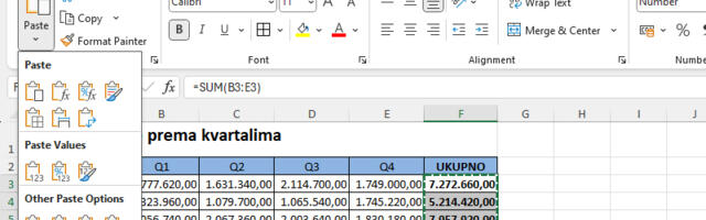 Excel opcija Paste Special