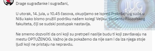 Studenti u blokadi Niš pozivaju na okupljanje i pružanje podrške studentu Veljku ispred Prekršajnog suda