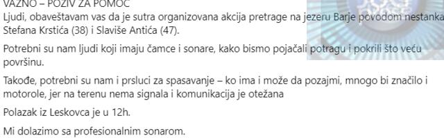 Građani se sami organizuju da traže dvojicu nestalih muškaraca na jezeru Barje