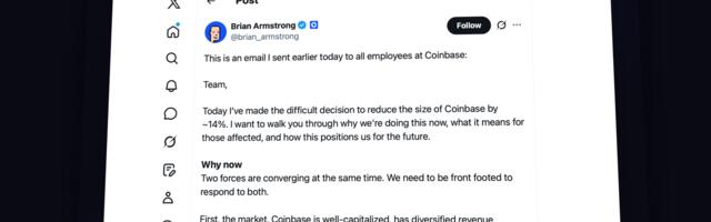 "Imamo puno novca u banci, ali je sa AI-jem toliko toga moguće da bi bilo rizično da ne reagujemo" — kaže CEO Coinbasea u objavi da otpušta 14% zaposlenih