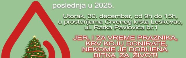 Crveni krst Leskovac poziva sugrađane da danas do 15 sati dobrovoljno daju krv