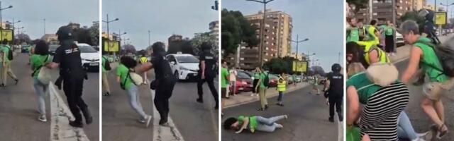 Ovako policija rešava blokade u Valensiji: Nastavnica blokaderka htela da zaustavi saobraćaj, pa završila na betonu (VIDEO)