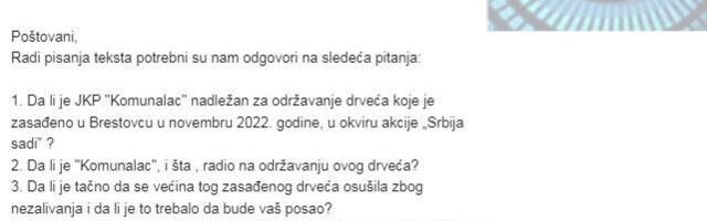 Rukovodstvo Komunalca ne odgovara na pitanja kad će da sade drveće u Brestovcu, umesto onog koje se osušilo