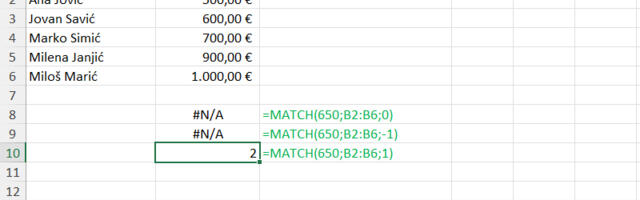 Pretraživanje opsega: Excel funkcija MATCH