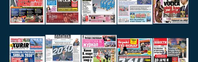 NASLOVNE STRANE SUTRAŠNJIH NOVINA: Prelistavanje štampe za nedelju, 8. mart 2026. godine