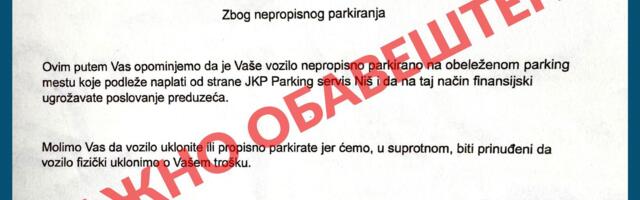 Lažna obaveštenja niškog „Parking servisa“ ostavljena na automobilima
