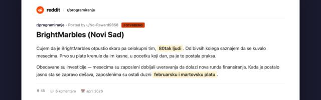 Novosadski BrightMarbles napustilo skoro svih 25 zaposlenih usled teške finansijske situacije — februarske plate neisplaćene, firma radi na oživljavanju, talentovan kadar dostupan