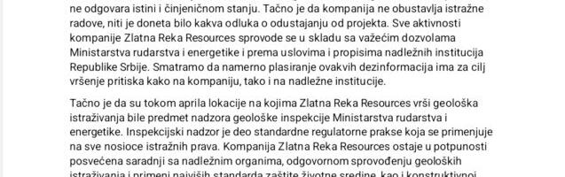 Zlatna Reka Resources demantovala tvrdnje o obustavi istraživanja na Rogozni