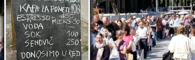 Komšije pomažu vernicima ispred hrama Svetog Save: Dele vodu, kišobrane i slatkiše, a kafići odnose ručak u red za 490 dinara! Jedan lokal sve iznenadio