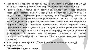 Na turniru u malom fudbalu ,,Medveđa 2025” prvoplasiranoj ekipi nagrada od 200.000 dinara