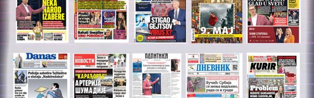 NASLOVNE STRANE SUTRAŠNJIH NOVINA: Prelistavanje štampe za petak, 8. maj 2026. godine