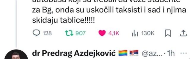 Vode ih u Šumarice na straljane – poručio član UO RTS-a Predrag Azdejković na vest da taksistima koji iz KG-a voze studente, skidaju tablice
