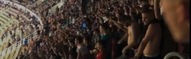 Shkupi fans from North Macedonia chant "Die Serbia" during a football game against Dinamo Zagreb