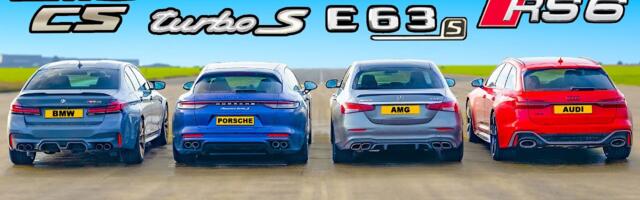 BMW M5 CS vs Mercedes-AMG E63 S vs Audi RS6 vs Panamera Turbo E-Hybrid (VIDEO)