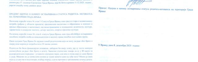 Inicijativa opozicije za ostvarivanje statusa roditelj-negovatelj u Vranju