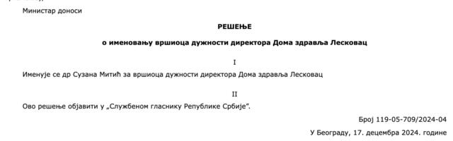 Smenjen dugogodišnji direktor Doma zdravlja Leskovac, za v. d. direktora izabrana Suzana Mitić