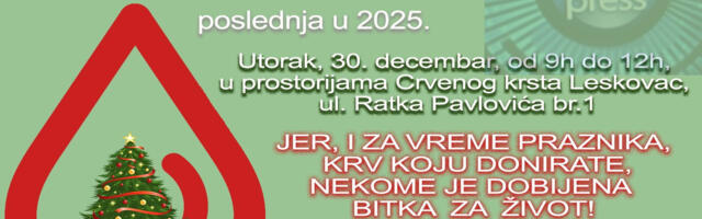 U utorak akcija dobrovoljnog davanja krvi, poslednja u ovoj godini
