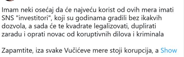 Nikezić: Najveću korist od Vučićevih mera za legalizaciju imaće SNS investitori, sad će jeftino da ozakone divlju gradnju