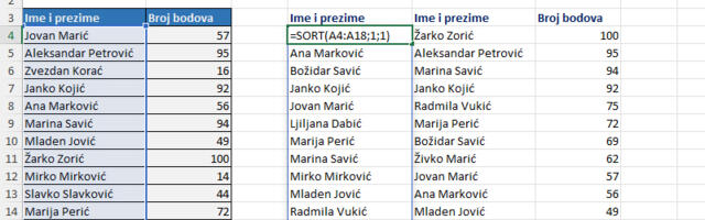 Excel funkcije SORT i SORTBY