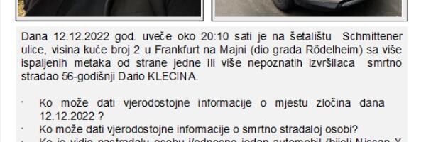 Frankfurt: Policija moli za pomoć oko ubistva Daria Klecine
