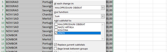 Excel grupisanje sa izračunavanjem međusuma