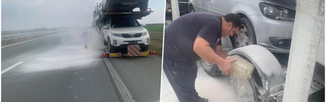 DRAMA NA AUTO-PUTU KOD RUME: Guma na kamionu planula u vožnji, umalo da izgore kupljena vozila, ovo su detalji (foto)
