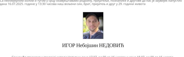 Porodica Igora Nedovića objavila srceparajuću čitulju: Poznato kada će biti sahranjen