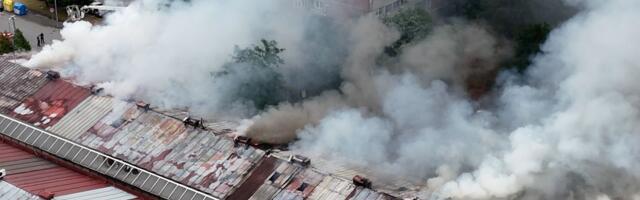 Aerial view of NEW BELGRADE DISASTER: Drone films horrible scenes as flames engulf Enjub shopping mall